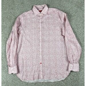 ISAIA Napoli Dress Shirt Mens 17 43 Pink Linen Button Up Luxury Made‎ In Italy